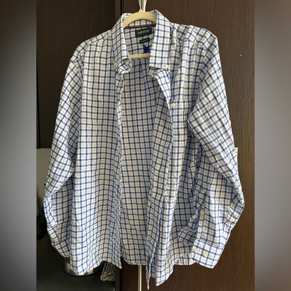 Orvis Men's Cotton Flannel Shirt Blue White Plaid Classic Fit